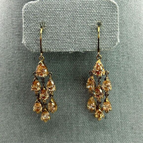 Vintage Art Deco 925 Gold Chandelier Earrings Cubic Zirconia Rhinestones Classic - Picture 7 of 9